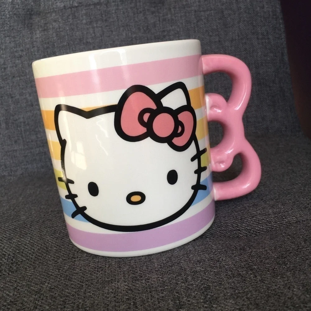 Hello Kitty Pastel Stripe, Bow Handle Coffee Mug, White, Pink, 20 oz